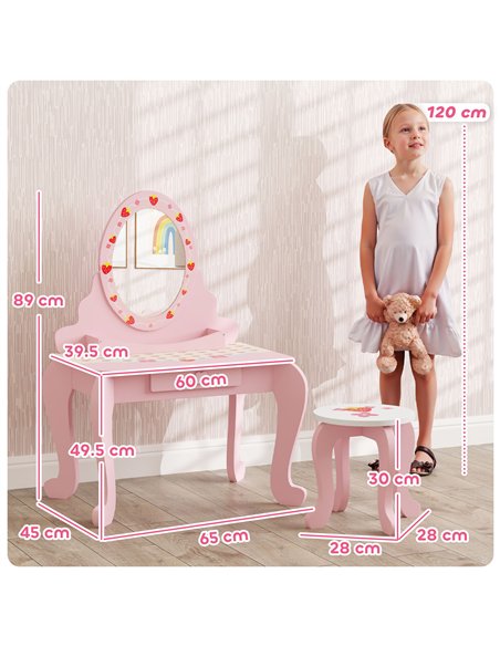 AIYAPLAY Kids Dressing Table Set, Vanity Table with Stool, Mirror, Drawer, Desktop Storage, Strawberry Theme, Pink - pic 126554 | FastDaddyshop