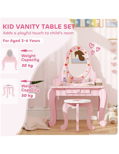 AIYAPLAY Kids Dressing Table Set, Vanity Table with Stool, Mirror, Drawer, Desktop Storage, Strawberry Theme, Pink
