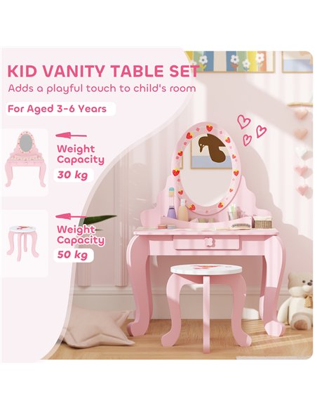 AIYAPLAY Kids Dressing Table Set, Vanity Table with Stool, Mirror, Drawer, Desktop Storage, Strawberry Theme, Pink - pic 126555 | FastDaddyshop