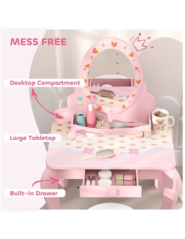 AIYAPLAY Kids Dressing Table Set, Vanity Table with Stool, Mirror, Drawer, Desktop Storage, Strawberry Theme, Pink