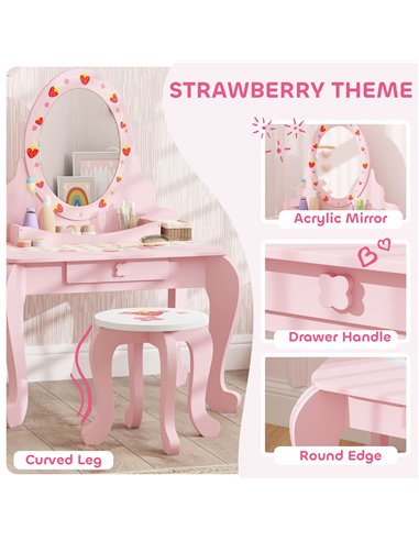 AIYAPLAY Kids Dressing Table Set, Vanity Table with Stool, Mirror, Drawer, Desktop Storage, Strawberry Theme, Pink