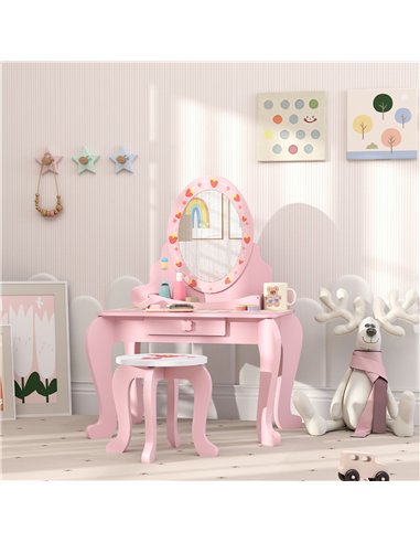AIYAPLAY Kids Dressing Table Set, Vanity Table with Stool, Mirror, Drawer, Desktop Storage, Strawberry Theme, Pink