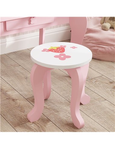 AIYAPLAY Kids Dressing Table Set, Vanity Table with Stool, Mirror, Drawer, Desktop Storage, Strawberry Theme, Pink