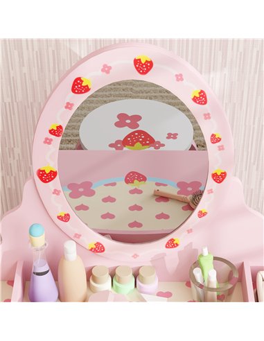 AIYAPLAY Kids Dressing Table Set, Vanity Table with Stool, Mirror, Drawer, Desktop Storage, Strawberry Theme, Pink