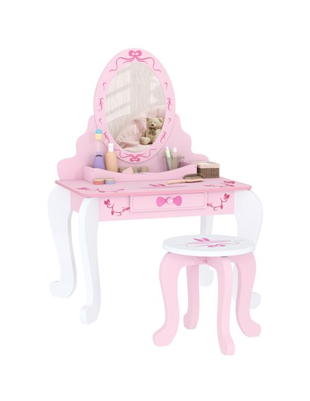 AIYAPLAY Kids Dressing Table Set, Vanity Table with Stool, Mirror, Drawer, Desktop Storage, Ballet Theme, Pink - pic 126561 | FastDaddyshop