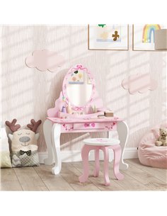 AIYAPLAY Kids Dressing Table Set, Vanity Table with Stool, Mirror, Drawer, Desktop Storage, Ballet Theme, Pink 2
