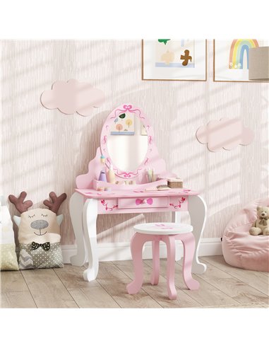 AIYAPLAY Kids Dressing Table Set, Vanity Table with Stool, Mirror, Drawer, Desktop Storage, Ballet Theme, Pink