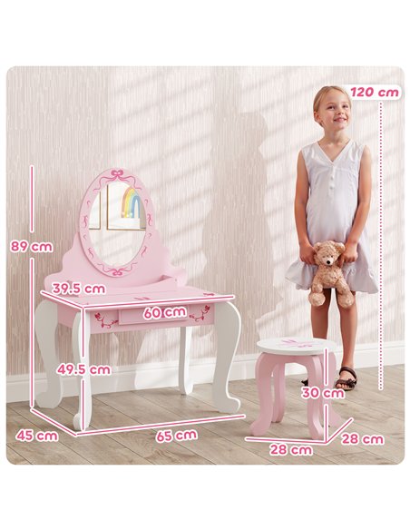 AIYAPLAY Kids Dressing Table Set, Vanity Table with Stool, Mirror, Drawer, Desktop Storage, Ballet Theme, Pink - pic 126563 | FastDaddyshop
