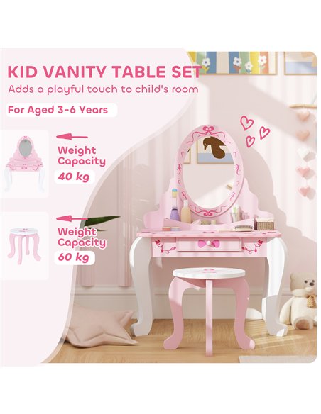 AIYAPLAY Kids Dressing Table Set, Vanity Table with Stool, Mirror, Drawer, Desktop Storage, Ballet Theme, Pink - pic 126564 | FastDaddyshop