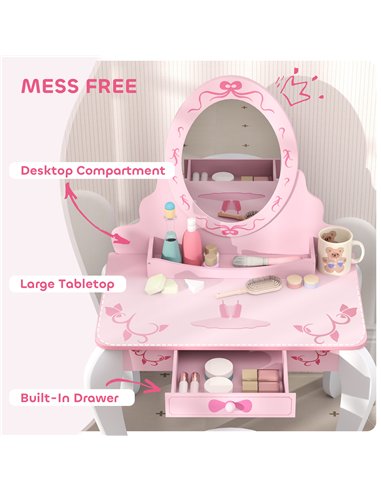 AIYAPLAY Kids Dressing Table Set, Vanity Table with Stool, Mirror, Drawer, Desktop Storage, Ballet Theme, Pink