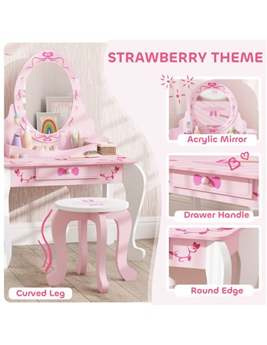 AIYAPLAY Kids Dressing Table Set, Vanity Table with Stool, Mirror, Drawer, Desktop Storage, Ballet Theme, Pink