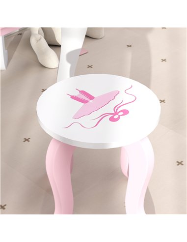 AIYAPLAY Kids Dressing Table Set, Vanity Table with Stool, Mirror, Drawer, Desktop Storage, Ballet Theme, Pink