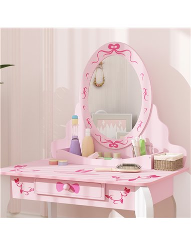 AIYAPLAY Kids Dressing Table Set, Vanity Table with Stool, Mirror, Drawer, Desktop Storage, Ballet Theme, Pink
