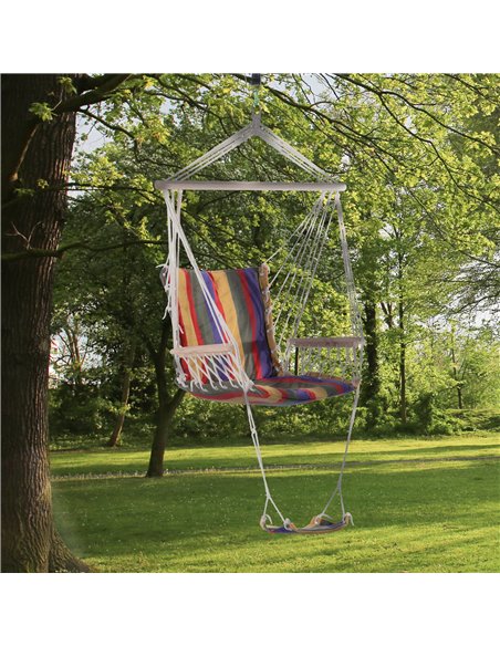 Outsunny Outdoor Hammock Hanging Rope Chair Garden Yard Patio Swing Seat Wooden w/ Footrest Armrest Cotton Cloth (Red) - pic 12658 | FastDaddyshop