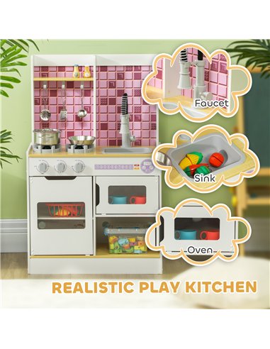 AIYAPLAY Kids Play Kitchen, Pretend Play Kitchen with Realistic Oven, Stove, Sink, Kitchen Accessories, White