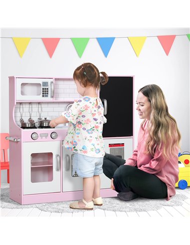 AIYAPLAY Pretend Play Kitchen, Kids Kitchen Playset w/ Toy Phone, Chalkboard, Microwave, Cooking Stove, Sink