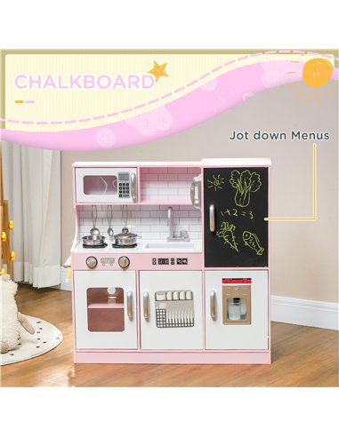 AIYAPLAY Pretend Play Kitchen, Kids Kitchen Playset w/ Toy Phone, Chalkboard, Microwave, Cooking Stove, Sink