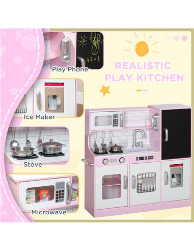 AIYAPLAY Pretend Play Kitchen, Kids Kitchen Playset w/ Toy Phone, Chalkboard, Microwave, Cooking Stove, Sink