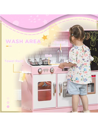AIYAPLAY Pretend Play Kitchen, Kids Kitchen Playset w/ Toy Phone, Chalkboard, Microwave, Cooking Stove, Sink