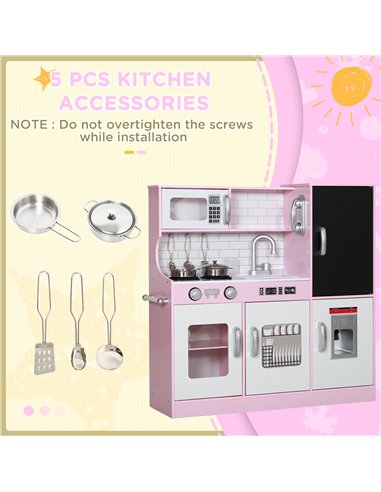 AIYAPLAY Pretend Play Kitchen, Kids Kitchen Playset w/ Toy Phone, Chalkboard, Microwave, Cooking Stove, Sink
