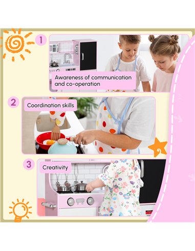 AIYAPLAY Pretend Play Kitchen, Kids Kitchen Playset w/ Toy Phone, Chalkboard, Microwave, Cooking Stove, Sink