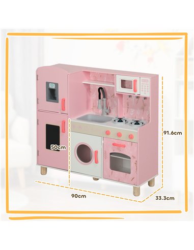 AIYAPLAY Play Kitchen, Kids Kitchen Set with Lights and Sounds, Double Stoves, Ice Maker, Chalkboard for 3+ Years - Pink