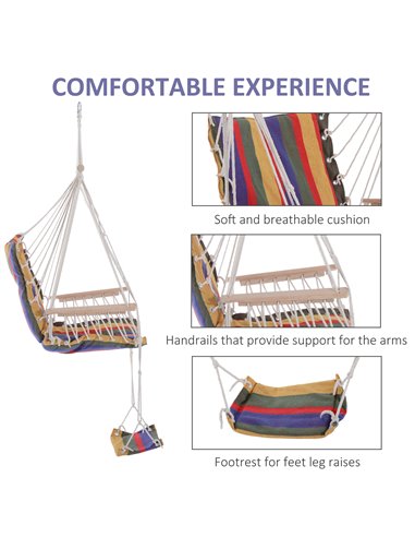 Outsunny Outdoor Hammock Hanging Rope Chair Garden Yard Patio Swing Seat Wooden w/ Footrest Armrest Cotton Cloth (Red)