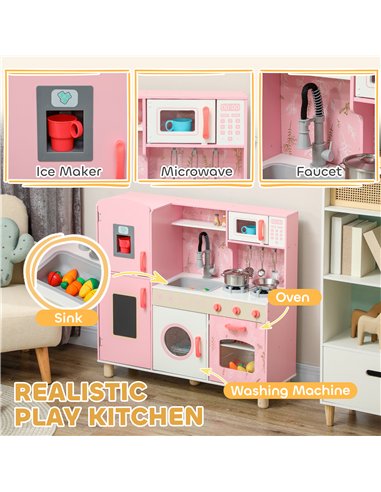 AIYAPLAY Play Kitchen, Kids Kitchen Set with Lights and Sounds, Double Stoves, Ice Maker, Chalkboard for 3+ Years - Pink