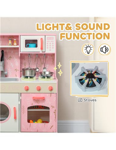 AIYAPLAY Play Kitchen, Kids Kitchen Set with Lights and Sounds, Double Stoves, Ice Maker, Chalkboard for 3+ Years - Pink