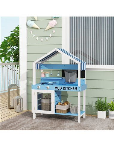 AIYAPLAY Kids Mud Kitchen Outdoor with Stoves, Sink, Faucet, Storage Shelves, Cookware Accessories for Boys Girls, Blue
