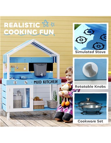 AIYAPLAY Kids Mud Kitchen Outdoor with Stoves, Sink, Faucet, Storage Shelves, Cookware Accessories for Boys Girls, Blue