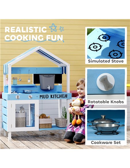 AIYAPLAY Kids Mud Kitchen Outdoor with Stoves, Sink, Faucet, Storage Shelves, Cookware Accessories for Boys Girls, Blue - pic 126609 | FastDaddyshop