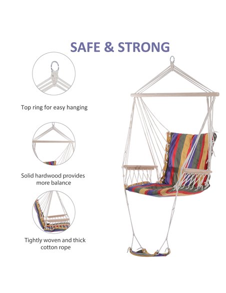 Outsunny Outdoor Hammock Hanging Rope Chair Garden Yard Patio Swing Seat Wooden w/ Footrest Armrest Cotton Cloth (Red) - pic 12661 | FastDaddyshop