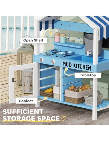 AIYAPLAY Kids Mud Kitchen Outdoor with Stoves, Sink, Faucet, Storage Shelves, Cookware Accessories for Boys Girls, Blue
