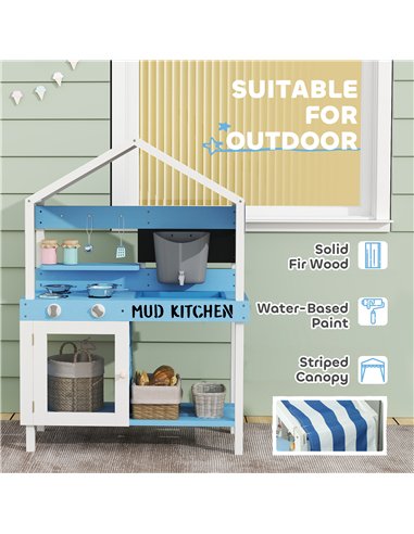 AIYAPLAY Kids Mud Kitchen Outdoor with Stoves, Sink, Faucet, Storage Shelves, Cookware Accessories for Boys Girls, Blue