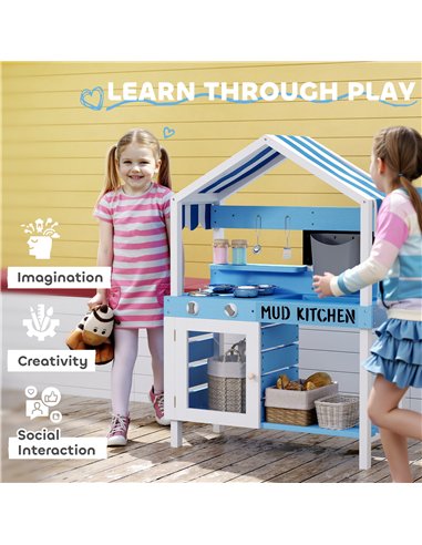 AIYAPLAY Kids Mud Kitchen Outdoor with Stoves, Sink, Faucet, Storage Shelves, Cookware Accessories for Boys Girls, Blue