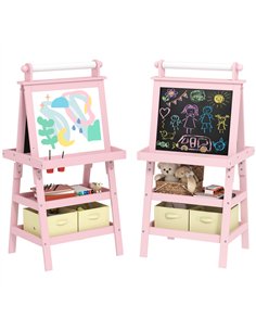 AIYAPLAY 3 in 1 Kids Easel Double-Sided Magnetic Whiteboard and Chalkboard with Paper Roll, Storage Baskets - Pink
