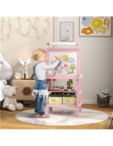 AIYAPLAY 3 in 1 Kids Easel Double-Sided Magnetic Whiteboard and Chalkboard with Paper Roll, Storage Baskets - Pink