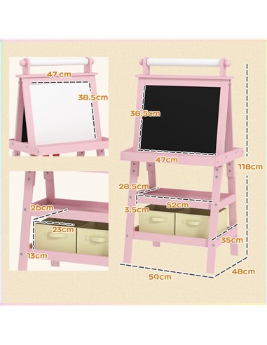 AIYAPLAY 3 in 1 Kids Easel Double-Sided Magnetic Whiteboard and Chalkboard with Paper Roll, Storage Baskets - Pink