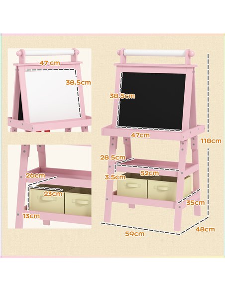 AIYAPLAY 3 in 1 Kids Easel Double-Sided Magnetic Whiteboard and Chalkboard with Paper Roll, Storage Baskets - Pink - pic 126617 | FastDaddyshop