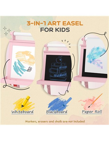 AIYAPLAY 3 in 1 Kids Easel Double-Sided Magnetic Whiteboard and Chalkboard with Paper Roll, Storage Baskets - Pink