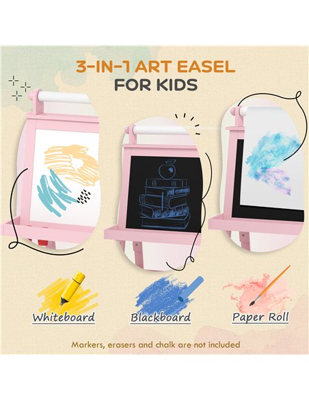 AIYAPLAY 3 in 1 Kids Easel Double-Sided Magnetic Whiteboard and Chalkboard with Paper Roll, Storage Baskets - Pink - pic 126618 | FastDaddyshop