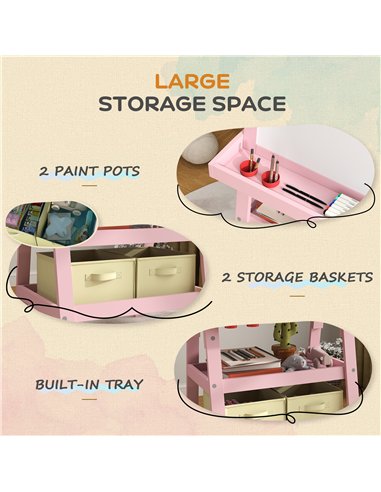 AIYAPLAY 3 in 1 Kids Easel Double-Sided Magnetic Whiteboard and Chalkboard with Paper Roll, Storage Baskets - Pink