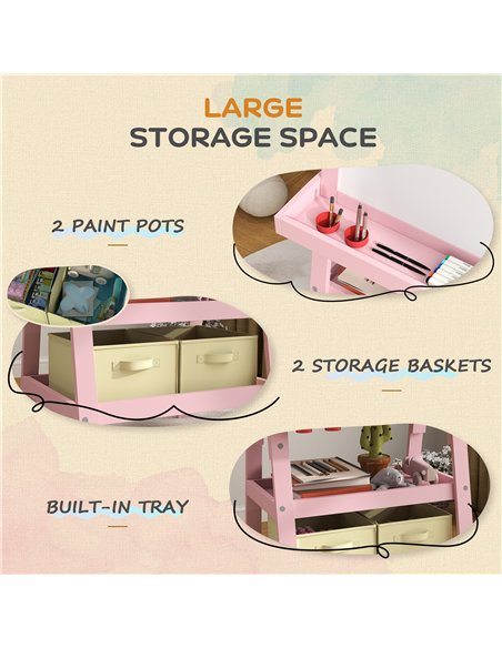 AIYAPLAY 3 in 1 Kids Easel Double-Sided Magnetic Whiteboard and Chalkboard with Paper Roll, Storage Baskets - Pink - pic 126619 | FastDaddyshop