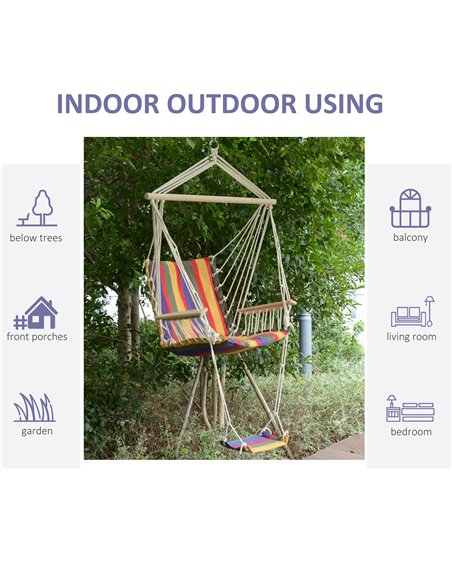 Outsunny Outdoor Hammock Hanging Rope Chair Garden Yard Patio Swing Seat Wooden w/ Footrest Armrest Cotton Cloth (Red) - pic 12662 | FastDaddyshop