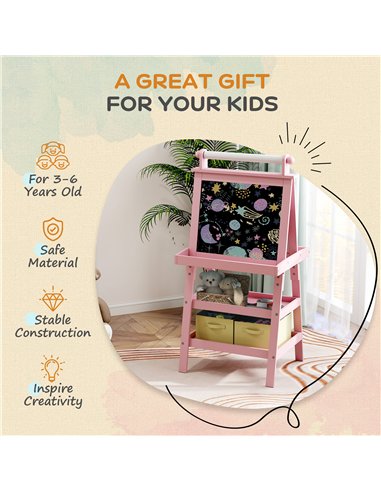AIYAPLAY 3 in 1 Kids Easel Double-Sided Magnetic Whiteboard and Chalkboard with Paper Roll, Storage Baskets - Pink