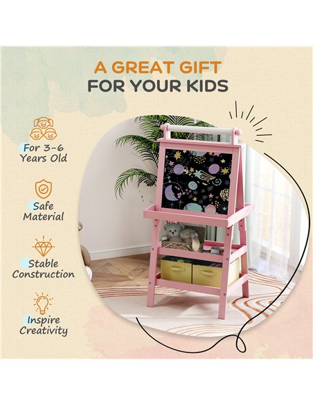 AIYAPLAY 3 in 1 Kids Easel Double-Sided Magnetic Whiteboard and Chalkboard with Paper Roll, Storage Baskets - Pink - pic 126620 | FastDaddyshop