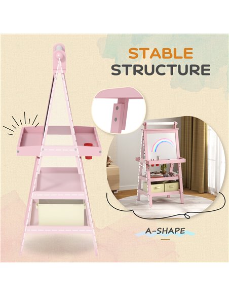 AIYAPLAY 3 in 1 Kids Easel Double-Sided Magnetic Whiteboard and Chalkboard with Paper Roll, Storage Baskets - Pink - pic 126621 | FastDaddyshop