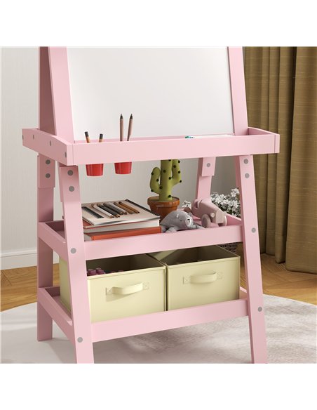 AIYAPLAY 3 in 1 Kids Easel Double-Sided Magnetic Whiteboard and Chalkboard with Paper Roll, Storage Baskets - Pink - pic 126622 | FastDaddyshop