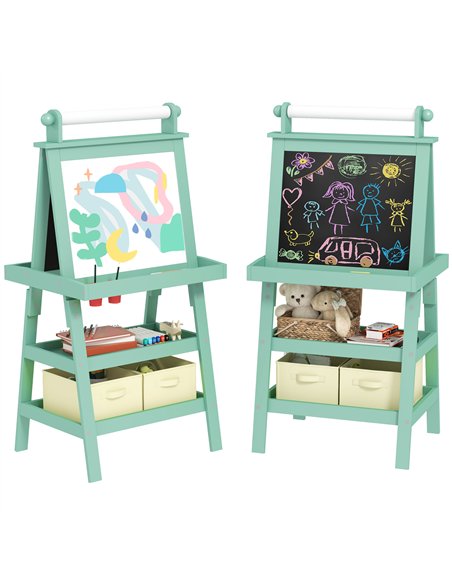 AIYAPLAY 3 in 1 Kids Easel Double-Sided Magnetic Whiteboard and Chalkboard with Paper Roll, Storage Baskets - Green - pic 126624 | FastDaddyshop